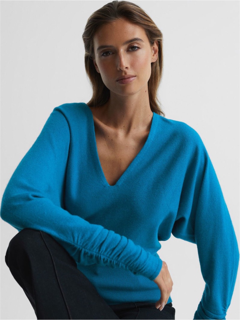 Reiss Jolie Jumper V-Neck Batwing Ruched Sweater Teal Blue Wool Cashmere Blend L
